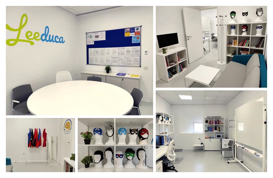 Sala de reuniones, zona de espera con juguetes y despachos del laboratorio