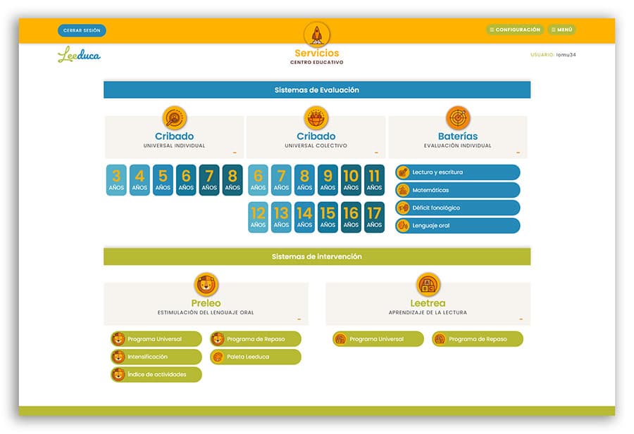 Plataforma Leeduca - panel de servicios del centro educativo